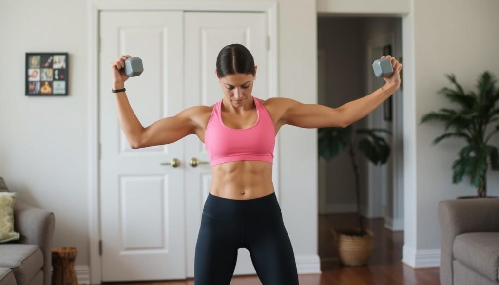 Woman performing lateral raises with dumbbells for Thursday Arms and Shoulders Workout