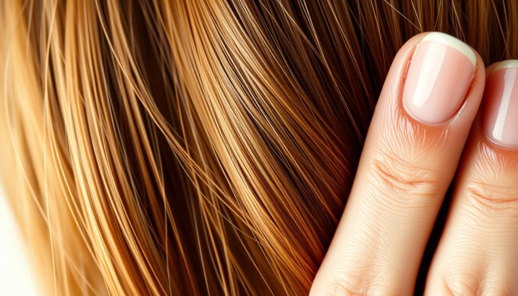 A bright, well-lit close-up photograph of a cluster of healthy, shiny hair strands and carefully manicured fingernails. The hair should appear vibrant, lustrous, and free of split ends, while the nails should be strong, smooth, and free of ridges or discoloration. The lighting should be soft and diffused, creating a warm, natural glow that highlights the hair and nail texture. The composition should be tightly framed, focusing solely on the hair and nails, with a clean, minimalist background that allows the subject to take center stage. The overall mood should convey a sense of healthy, rejuvenated hair and nails, showcasing the benefits of Biotin5000 for hair and nail health. A bright, well-lit close-up photograph of a cluster of healthy, shiny hair strands and carefully manicured fingernails. The hair should appear vibrant, lustrous, and free of split ends, while the nails should be strong, smooth, and free of ridges or discoloration. The lighting should be soft and diffused, creating a warm, natural glow that highlights the hair and nail texture. The composition should be tightly framed, focusing solely on the hair and nails, with a clean, minimalist background that allows the subject to take center stage. The overall mood should convey a sense of healthy, rejuvenated hair and nails, showcasing the benefits of Biotin5000 for hair and nail health.