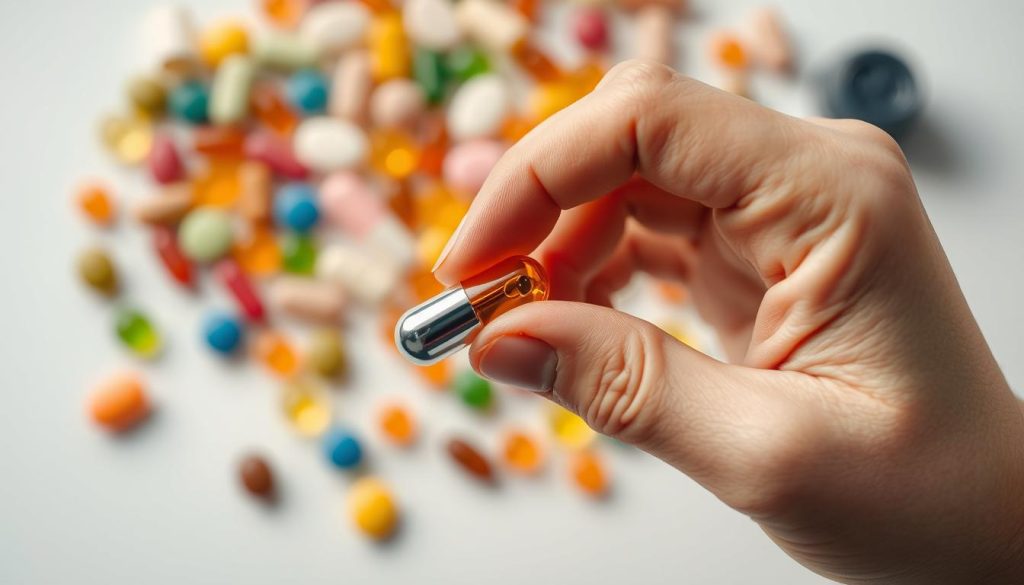 A closeup of a person's hand holding a chrome metallic supplement capsule against a white background, with a blurred colorful array of assorted vitamin and mineral supplements in the background. The capsule is illuminated from the side, casting a soft, warm glow. The overall mood is one of health, wellness, and the importance of trace minerals for the human body.