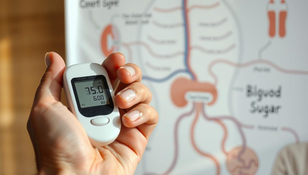 A closeup view of a human hand measuring blood glucose levels using a digital glucometer, against a backdrop of an anatomical illustration depicting the circulatory system and the regulatory mechanisms of blood sugar. The scene is lit by soft, natural lighting, creating a warm, educational atmosphere. The composition emphasizes the importance of monitoring and understanding blood sugar regulation, a key aspect of the human body's metabolic processes.