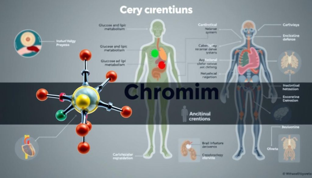 A detailed biological diagram showcasing the key functions of chromium within the human body. The foreground features a stylized molecular model of the chromium atom, its chemical structure highlighted in vibrant colors. The middle ground depicts various biological processes chromium is involved in, such as glucose and lipid metabolism, insulin regulation, and antioxidant defense. The background layers in anatomical illustrations of organ systems affected by chromium, including the cardiovascular, endocrine, and nervous systems. The overall composition has a scientific, technical aesthetic, with clean lines, muted tones, and precise attention to detail to convey the importance of this essential trace mineral.