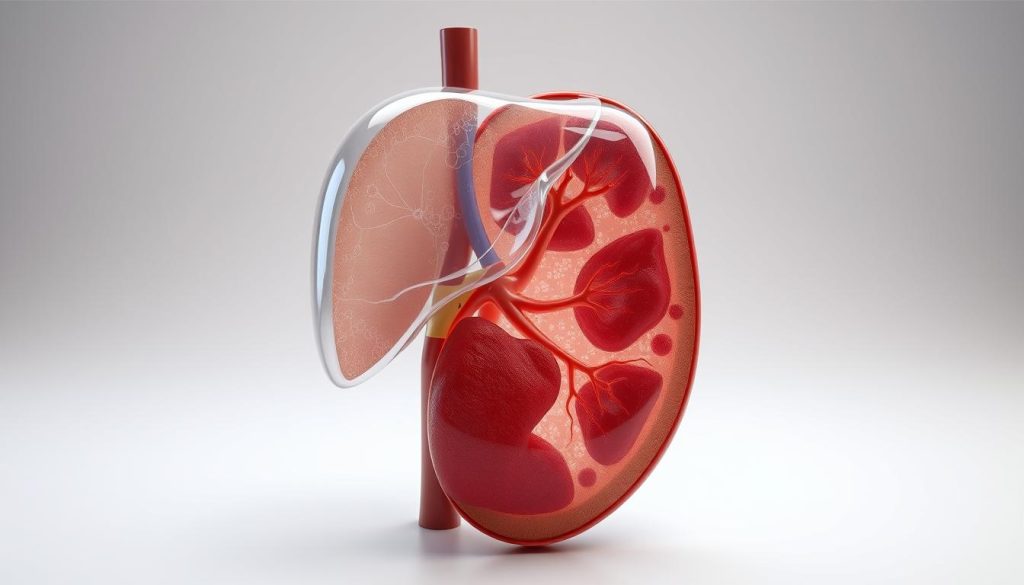 A detailed cross-section of a healthy human liver, rendered in realistic 3D. The liver is depicted in the foreground, showcasing its intricate anatomical structure, with distinct lobes, blood vessels, and bile ducts visible. The middle ground features a translucent view of the liver's internal functions, highlighting its key metabolic processes, such as blood filtration and bile production. The background is a softly lit, neutral environment, allowing the viewer to focus on the liver's form and function. The lighting is natural and directional, creating subtle shadows and highlights that enhance the organ's depth and texture. The overall mood is one of scientific curiosity and medical education, inviting the viewer to appreciate the vital role of the liver in maintaining overall health.