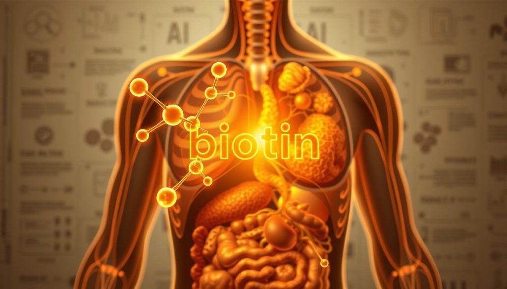 A detailed cross-section of a human body, showcasing the role of biotin (vitamin B7) within the organism. The foreground depicts the intricate molecular structure of biotin, glowing with a warm, golden hue. In the middle ground, various organs and systems are meticulously rendered, highlighting how biotin is integrated and utilized throughout the body, from the skin and hair follicles to the nervous system and metabolic processes. The background features a softly lit, anatomical diagram-like backdrop, providing context and emphasizing the scientific nature of the illustration. The lighting is soft and diffused, creating a sense of depth and dimensionality. The overall tone is educational, informative, and visually captivating, perfectly suited to illustrate the section on "How biotin works in the body". A detailed cross-section of a human body, showcasing the role of biotin (vitamin B7) within the organism. The foreground depicts the intricate molecular structure of biotin, glowing with a warm, golden hue. In the middle ground, various organs and systems are meticulously rendered, highlighting how biotin is integrated and utilized throughout the body, from the skin and hair follicles to the nervous system and metabolic processes. The background features a softly lit, anatomical diagram-like backdrop, providing context and emphasizing the scientific nature of the illustration. The lighting is soft and diffused, creating a sense of depth and dimensionality. The overall tone is educational, informative, and visually captivating, perfectly suited to illustrate the section on "How biotin works in the body".