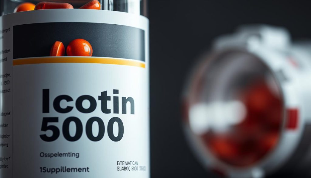 A detailed, high-resolution close-up view of a bottle containing the supplement "Биотин 5000". The bottle is made of clear glass, allowing the contents to be visible. The label on the bottle is clean and modern, with the product name and dosage information prominently displayed. The lighting is soft and even, emphasizing the bottle's texture and the vibrant color of the capsules inside. The background is blurred, placing the focus entirely on the bottle and its contents. The overall mood is one of quality, clarity, and attention to detail, reflecting the importance of the supplement's composition and usage. A detailed, high-resolution close-up view of a bottle containing the supplement "Биотин 5000". The bottle is made of clear glass, allowing the contents to be visible. The label on the bottle is clean and modern, with the product name and dosage information prominently displayed. The lighting is soft and even, emphasizing the bottle's texture and the vibrant color of the capsules inside. The background is blurred, placing the focus entirely on the bottle and its contents. The overall mood is one of quality, clarity, and attention to detail, reflecting the importance of the supplement's composition and usage.