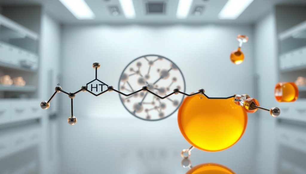 A high-resolution, photorealistic illustration of the molecular structure of vitamin D4000. The foreground displays the chemical formula and structural diagram of the vitamin, rendered in intricate detail with realistic textures and lighting. The middle ground shows a magnified view of the molecular bonds, highlighting the complex organic compounds. The background features a clean, minimalist laboratory setting with a white backdrop, emphasizing the scientific and clinical nature of the product. The overall mood is one of precision, clarity, and informative presentation, suitable for a product overview in a medical or health-focused article. A high-resolution, photorealistic illustration of the molecular structure of vitamin D4000. The foreground displays the chemical formula and structural diagram of the vitamin, rendered in intricate detail with realistic textures and lighting. The middle ground shows a magnified view of the molecular bonds, highlighting the complex organic compounds. The background features a clean, minimalist laboratory setting with a white backdrop, emphasizing the scientific and clinical nature of the product. The overall mood is one of precision, clarity, and informative presentation, suitable for a product overview in a medical or health-focused article.