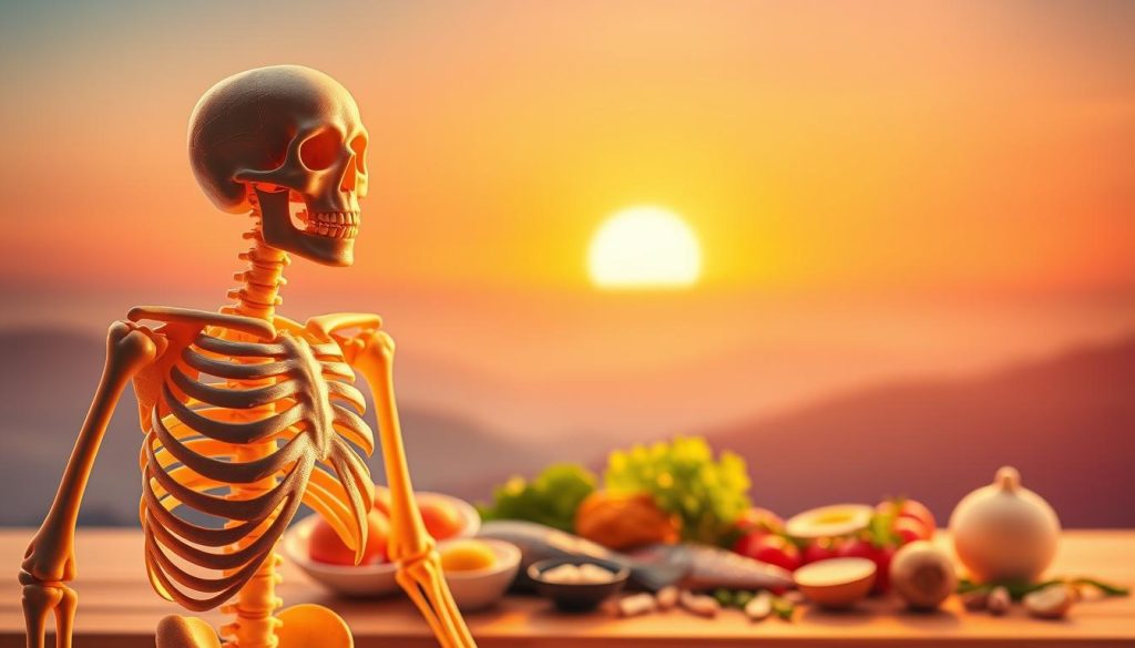 A vibrant and detailed visual representation of the benefits of vitamin D for bone health and immune system support. In the foreground, a human skeleton model bathed in warm, golden light, with strong, healthy bones and teeth. In the middle ground, a collection of nutrient-rich foods like fish, eggs, and leafy greens, symbolizing natural sources of vitamin D. In the background, a serene, ethereal landscape with a glowing sun and a gentle, calming atmosphere, conveying the overall wellness and vitality that vitamin D can provide. The composition should be balanced, with a focus on the skeletal structure and its interaction with the supporting elements. The lighting should be natural and directional, creating depth and emphasizing the three-dimensional forms. The color palette should be vibrant yet soothing, reflecting the beneficial properties of vitamin D. A vibrant and detailed visual representation of the benefits of vitamin D for bone health and immune system support. In the foreground, a human skeleton model bathed in warm, golden light, with strong, healthy bones and teeth. In the middle ground, a collection of nutrient-rich foods like fish, eggs, and leafy greens, symbolizing natural sources of vitamin D. In the background, a serene, ethereal landscape with a glowing sun and a gentle, calming atmosphere, conveying the overall wellness and vitality that vitamin D can provide. The composition should be balanced, with a focus on the skeletal structure and its interaction with the supporting elements. The lighting should be natural and directional, creating depth and emphasizing the three-dimensional forms. The color palette should be vibrant yet soothing, reflecting the beneficial properties of vitamin D.