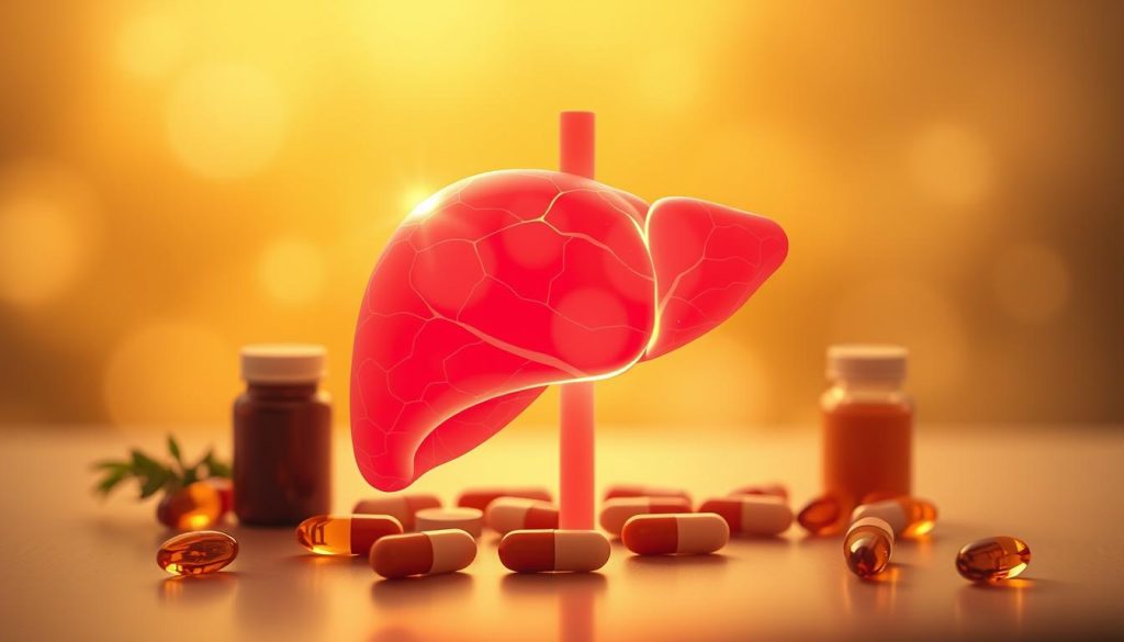 A warm, golden-toned image depicting the healthy liver as the central focus. In the foreground, an anatomically detailed liver glows with a vibrant, blushing hue, surrounded by a softly diffused luminous aura. The middle ground features an array of vitamin capsules and supplements, their shapes and colors subtly echoing the liver's organic form. The background is a soothing, abstract gradient, with hints of verdant greens and earthy ochres, evoking a sense of balance and vitality. The lighting is natural and directional, casting gentle shadows that accentuate the liver's contours. The overall mood is one of holistic wellness, emphasizing the nourishing role of vitamins in supporting the health and function of this vital organ.