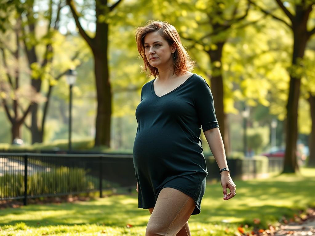 Беременная женщина на легкой прогулке после еды