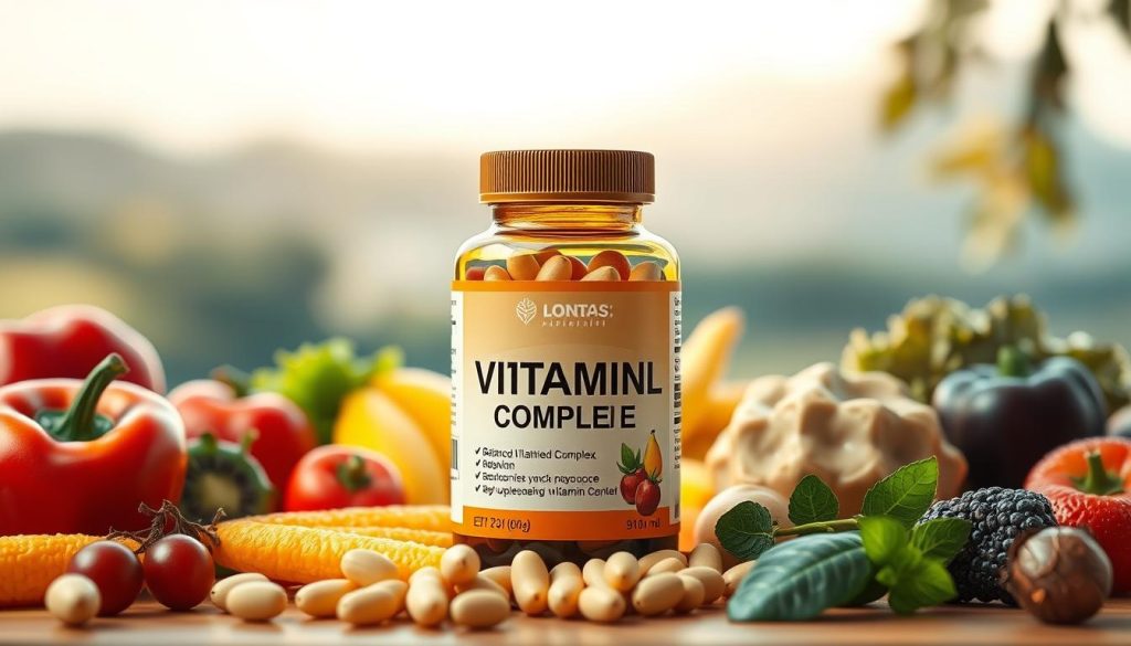 A balanced vitamin complex prominently displayed in the foreground, surrounded by an assortment of fresh fruits and vegetables in the middle ground. The background features a soft, blurred natural landscape with warm, natural lighting casting a gentle glow. The overall composition conveys a sense of health, wellness, and vibrancy, highlighting the benefits and features of the "Ортомол для женщин" vitamin supplement. The image should have a high level of photorealism, with detailed textures and realistic shadows, creating a visually appealing and informative illustration for the article. A balanced vitamin complex prominently displayed in the foreground, surrounded by an assortment of fresh fruits and vegetables in the middle ground. The background features a soft, blurred natural landscape with warm, natural lighting casting a gentle glow. The overall composition conveys a sense of health, wellness, and vibrancy, highlighting the benefits and features of the "Ортомол для женщин" vitamin supplement. The image should have a high level of photorealism, with detailed textures and realistic shadows, creating a visually appealing and informative illustration for the article.