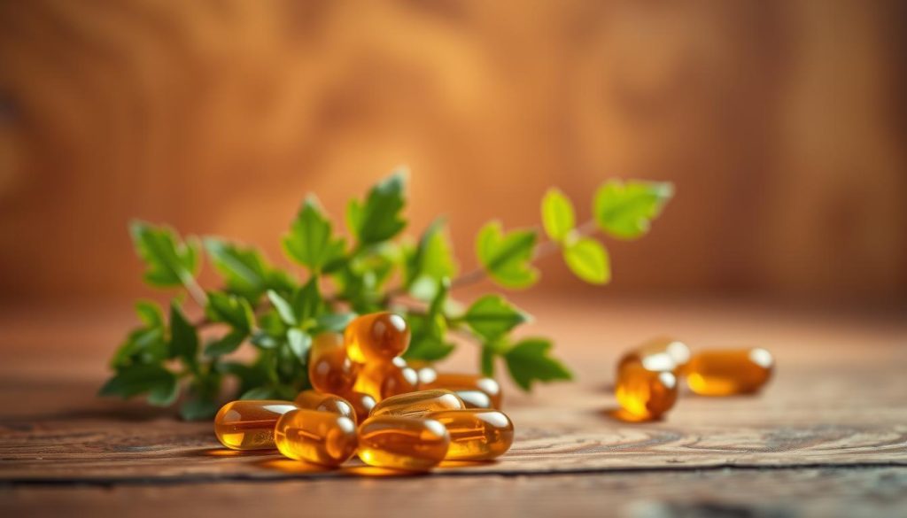 A beautifully detailed still life composition depicting tocotrienols, a powerful form of vitamin E, against a warm, earthy backdrop. Arrange the softly glowing tocotrienol capsules in the foreground, their amber tones complementing the rich, wooden surface they rest upon. In the middle ground, include lush, verdant greenery to symbolize the health benefits of this essential nutrient. Bathe the scene in soft, diffused lighting that casts gentle shadows, creating an atmosphere of tranquility and wellness. Capture the scene from a slightly elevated angle to emphasize the tocotrienols as the focal point. Evoke a sense of natural harmony and the restorative power of this brain-boosting supplement. A beautifully detailed still life composition depicting tocotrienols, a powerful form of vitamin E, against a warm, earthy backdrop. Arrange the softly glowing tocotrienol capsules in the foreground, their amber tones complementing the rich, wooden surface they rest upon. In the middle ground, include lush, verdant greenery to symbolize the health benefits of this essential nutrient. Bathe the scene in soft, diffused lighting that casts gentle shadows, creating an atmosphere of tranquility and wellness. Capture the scene from a slightly elevated angle to emphasize the tocotrienols as the focal point. Evoke a sense of natural harmony and the restorative power of this brain-boosting supplement.
