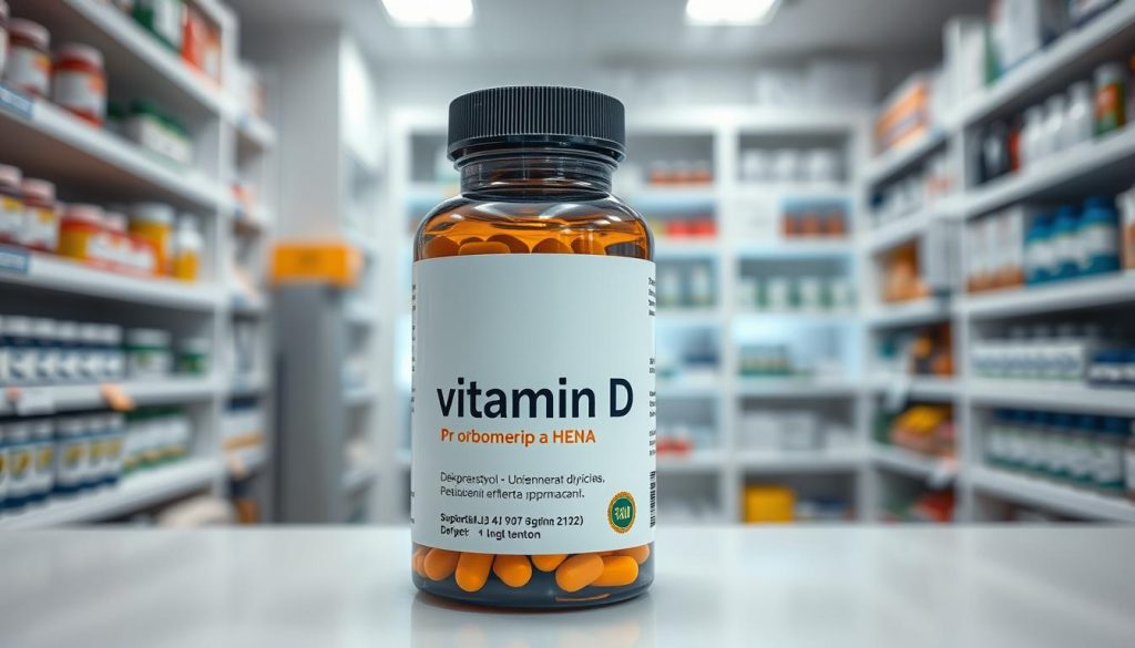 A beautifully lit and meticulously detailed image of a vitamin D supplement bottle prominently displayed on a clean, white pharmacy counter. The bottle's label features the Cyrillic text "декрестіол олідетрим ціна" in a sleek, modern font. The bottle is positioned against a backdrop of neatly arranged pharmaceutical products, creating a sense of professionalism and care. The lighting is soft and directional, casting gentle shadows that accentuate the bottle's contours and the pharmacy's pristine environment. The overall mood is one of trustworthiness, quality, and attention to detail, reflecting the article's focus on accurate vitamin D pricing and customer reviews.