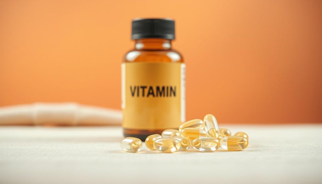 A bottle of vitamin A capsules against a soft, warm-toned background. The capsules are positioned prominently in the foreground, with a natural, organic arrangement that showcases their shape and color. The lighting is diffused, creating a gentle, glowing effect that emphasizes the translucent quality of the capsules. The middle ground features a subtle, textured surface, perhaps a wooden table or a neutral fabric, providing a natural, earthy backdrop. The background is slightly blurred, creating a sense of depth and focus on the main subject. The overall mood is one of purity, wellness, and natural health.