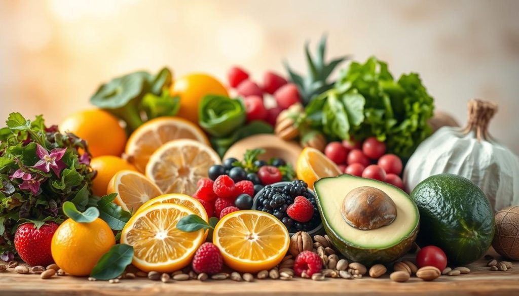 A bountiful array of healthy foods arranged against a softly blurred background, creating a serene and inviting composition. In the foreground, a variety of eye-nourishing ingredients such as leafy greens, bright citrus fruits, and rich avocados are positioned elegantly, bathed in warm, natural lighting. The middle ground features vibrant berries, nuts, and seeds, while the background subtly hints at a soothing, nature-inspired setting. The overall scene conveys a sense of balance, abundance, and the holistic approach to supporting eye health through a nutrient-dense diet.