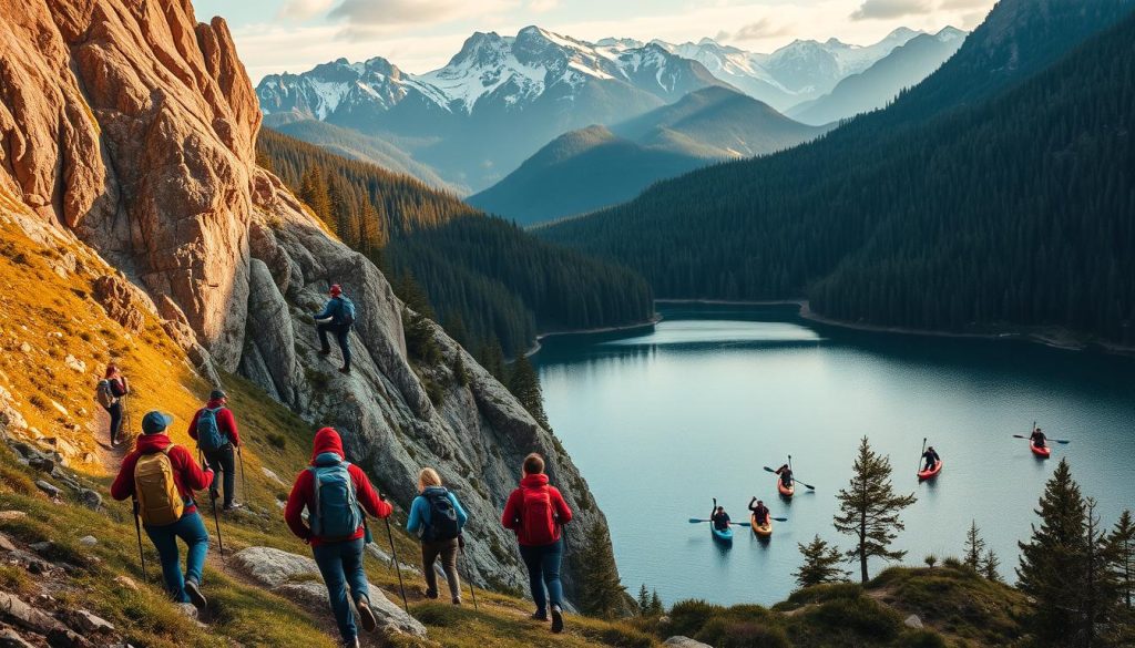 A breathtaking outdoor scene showcasing a variety of popular active recreation activities. In the foreground, hikers traverse a winding mountain trail, equipped with backpacks and trekking poles. In the middle ground, a group of rock climbers scale a rugged cliff face, their carabiners and ropes glistening in the warm sunlight. In the background, a serene lake reflects the surrounding lush forests and snow-capped peaks, with kayakers and stand-up paddleboarders gliding across the calm waters. The scene is illuminated by a soft, natural lighting that casts deep shadows and highlights the vibrant colors of the landscape. The overall mood is one of adventure, exploration, and a deep connection with the great outdoors. A breathtaking outdoor scene showcasing a variety of popular active recreation activities. In the foreground, hikers traverse a winding mountain trail, equipped with backpacks and trekking poles. In the middle ground, a group of rock climbers scale a rugged cliff face, their carabiners and ropes glistening in the warm sunlight. In the background, a serene lake reflects the surrounding lush forests and snow-capped peaks, with kayakers and stand-up paddleboarders gliding across the calm waters. The scene is illuminated by a soft, natural lighting that casts deep shadows and highlights the vibrant colors of the landscape. The overall mood is one of adventure, exploration, and a deep connection with the great outdoors.