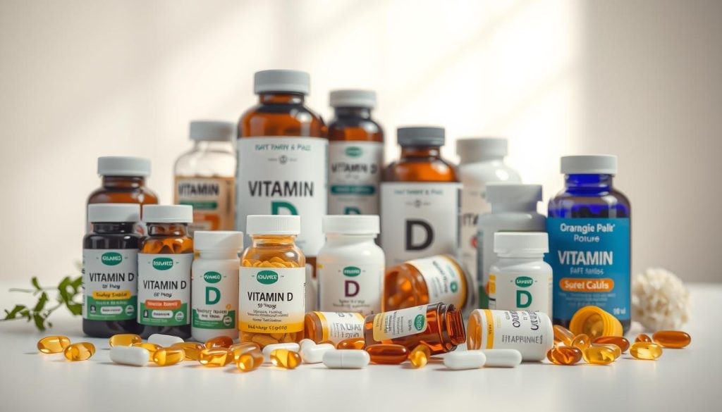 A brightly lit still life composition showcasing an assortment of vitamin D supplements in various forms of packaging. The foreground features a selection of bottles, capsules, and soft gels arranged in a visually appealing layout, allowing the viewer to clearly observe the different dosage and delivery methods. The middle ground includes complementary elements like a clean white surface or minimal background to accentuate the supplements. The lighting is soft and diffused, creating a warm, inviting atmosphere that highlights the products' quality and health-conscious nature. The overall composition conveys a sense of professionalism, attention to detail, and a focus on the diverse forms in which vitamin D can be obtained.