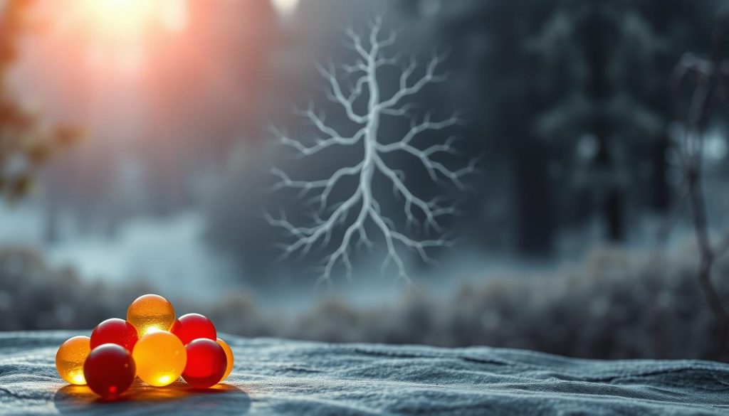 A calming and soothing scene depicting the support and nourishment of the nervous system. In the foreground, a warm, glowing light illuminates an array of B vitamins, represented as softly glowing spheres in shades of red, yellow, and blue. These vitamins are arranged in a harmonious pattern, symbolizing their synergistic relationship and their role in promoting nervous system health. In the middle ground, a serene, abstract representation of the nervous system emerges, with delicate, branching neural pathways rendered in muted tones of gray and silver. The background is a peaceful, meditative landscape, perhaps a tranquil forest or a serene garden, conveying a sense of balance, rejuvenation, and the restorative power of nature. The overall atmosphere is one of calm, focus, and the nurturing of the mind and body.