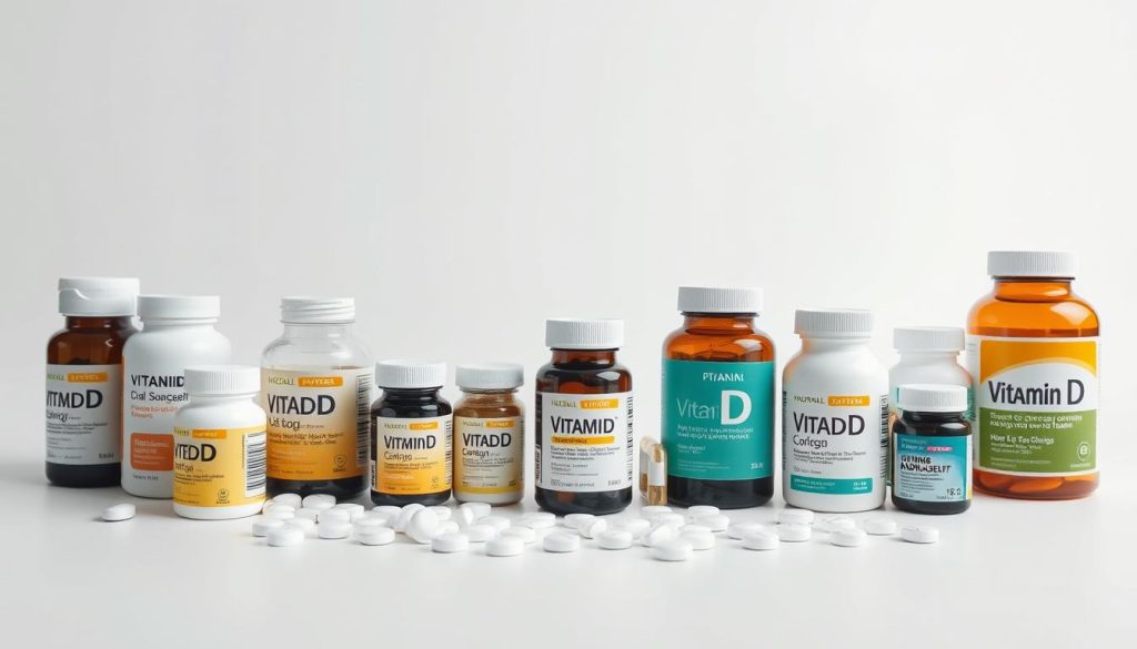 A clinical still life depicting various vitamin D supplement bottles and tablets, set against a clean, white background. The foreground features a diverse array of dosage sizes and packaging, arranged in a visually pleasing manner to showcase the range of vitamin D supplements. The middle ground includes supporting elements such as a minimalist gray backdrop or simple props to provide context, while the background maintains a sense of medical or pharmaceutical simplicity. The lighting is soft and directional, creating subtle shadows and highlights to emphasize the textures and details of the products. The overall tone is one of informative clarity, suitable for illustrating a section on vitamin D dosages within a health-related article. A clinical still life depicting various vitamin D supplement bottles and tablets, set against a clean, white background. The foreground features a diverse array of dosage sizes and packaging, arranged in a visually pleasing manner to showcase the range of vitamin D supplements. The middle ground includes supporting elements such as a minimalist gray backdrop or simple props to provide context, while the background maintains a sense of medical or pharmaceutical simplicity. The lighting is soft and directional, creating subtle shadows and highlights to emphasize the textures and details of the products. The overall tone is one of informative clarity, suitable for illustrating a section on vitamin D dosages within a health-related article.