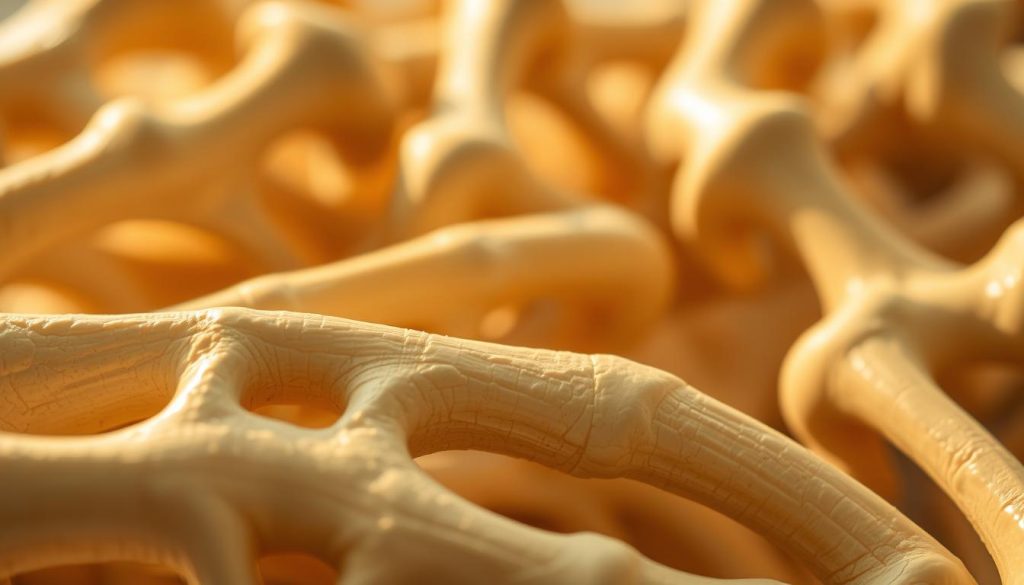 A close-up image of strong, dense human bones illuminated by warm, natural lighting. The bones appear vibrant and healthy, with a smooth, uniform texture and a subtle, pearlescent sheen. The foreground showcases the intricate, latticed structure of the bone tissue, while the middle ground reveals the curvature and solidity of the overall bone structure. The background is softly blurred, allowing the bones to be the central focus of the composition. The overall mood is one of strength, resilience, and the vitality of the human skeletal system. A close-up image of strong, dense human bones illuminated by warm, natural lighting. The bones appear vibrant and healthy, with a smooth, uniform texture and a subtle, pearlescent sheen. The foreground showcases the intricate, latticed structure of the bone tissue, while the middle ground reveals the curvature and solidity of the overall bone structure. The background is softly blurred, allowing the bones to be the central focus of the composition. The overall mood is one of strength, resilience, and the vitality of the human skeletal system.
