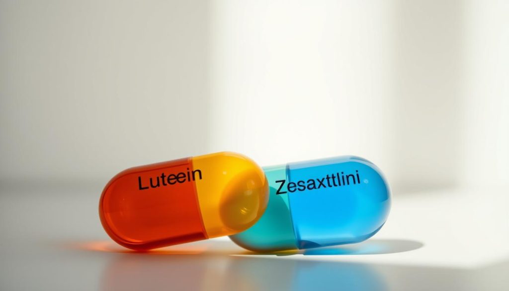 A close-up of two capsules containing lutein and zeaxanthin supplements, illuminated by soft, natural lighting. The capsules are positioned against a clean, minimalist background, allowing the vibrant hues of the vitamins to take center stage. The image conveys a sense of simplicity and focus, highlighting the key nutrients essential for eye health.