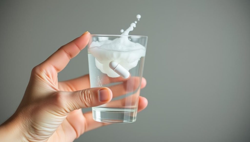 A close-up shot of a person's hand holding a glass of water with a tablet or capsule effortlessly dissolving in it, creating a swirling cloud of magnesium citrate. The scene is well-lit, with soft, diffused lighting highlighting the transparency of the liquid and the gradual dissolution of the supplement. The background is blurred, keeping the focus on the hand and the glass, conveying a sense of simplicity and attention to detail. The overall mood is calm and informative, reflecting the proper and effective way to take magnesium citrate 400 mg supplements. A close-up shot of a person's hand holding a glass of water with a tablet or capsule effortlessly dissolving in it, creating a swirling cloud of magnesium citrate. The scene is well-lit, with soft, diffused lighting highlighting the transparency of the liquid and the gradual dissolution of the supplement. The background is blurred, keeping the focus on the hand and the glass, conveying a sense of simplicity and attention to detail. The overall mood is calm and informative, reflecting the proper and effective way to take magnesium citrate 400 mg supplements.