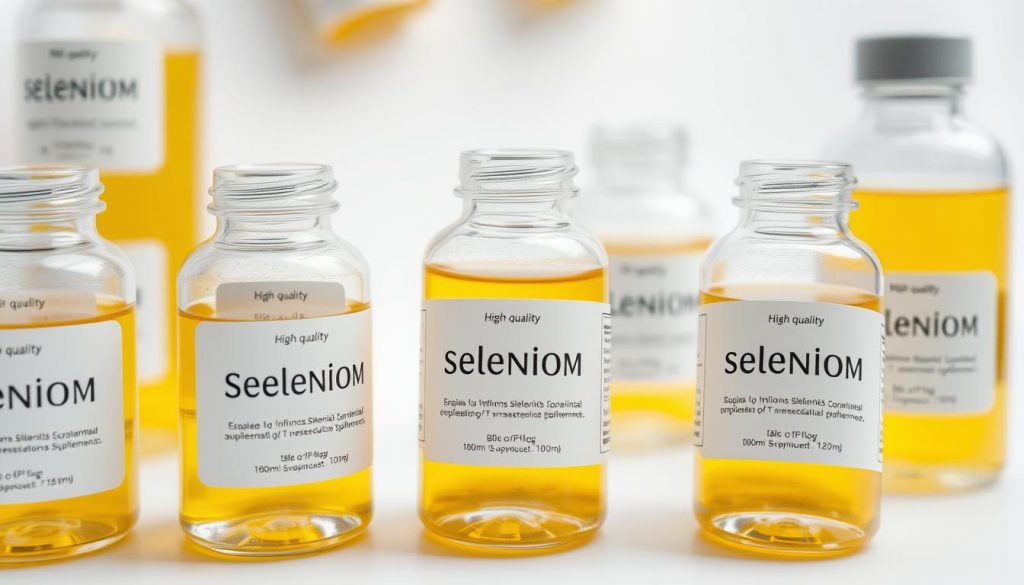 A close-up view of a set of transparent glass bottles filled with golden-yellow liquid, arranged on a plain white background. The bottles have minimalist labels that indicate they contain high-quality selenium supplements. The lighting is soft and diffused, creating a serene, clinical atmosphere that emphasizes the purity and efficacy of the products. The angle is slightly elevated, giving the viewer a sense of authority and trust in the displayed items. The overall composition is clean, balanced, and visually appealing, inviting the viewer to learn more about the benefits of selenium vitamins.