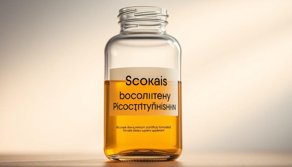 A close-up view of a transparent glass bottle filled with a concentrated, golden-hued liquid supplement against a soft, out-of-focus background. The bottle has a minimalist, modern label with the word "Высокая биодоступность" prominently displayed. The lighting is soft and diffuse, creating a warm, inviting atmosphere that highlights the quality and purity of the product. The composition places the bottle in the center, drawing the viewer's eye to the key feature - the high bioavailability of the dietary supplement. The overall mood is one of professionalism, trust, and a dedication to delivering a premium, scientifically-formulated nutritional product. A close-up view of a transparent glass bottle filled with a concentrated, golden-hued liquid supplement against a soft, out-of-focus background. The bottle has a minimalist, modern label with the word "Высокая биодоступность" prominently displayed. The lighting is soft and diffuse, creating a warm, inviting atmosphere that highlights the quality and purity of the product. The composition places the bottle in the center, drawing the viewer's eye to the key feature - the high bioavailability of the dietary supplement. The overall mood is one of professionalism, trust, and a dedication to delivering a premium, scientifically-formulated nutritional product.