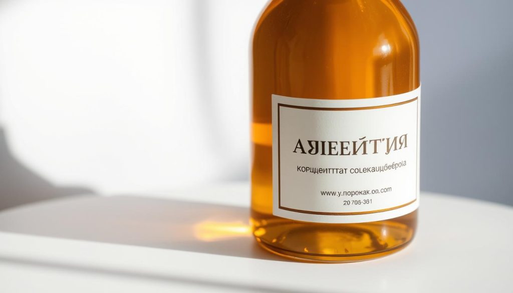 A closeup photograph of a glass bottle filled with a concentrated amber liquid, labeled "концентрат колекальциферола". The bottle is placed on a clean, white surface, with soft, directional lighting that casts subtle shadows, highlighting the rich, golden hue of the liquid. The label is crisp and legible, showcasing the Cyrillic text in a simple, elegant design. The overall composition is minimalist and balanced, drawing the viewer's attention to the essential details of the product.