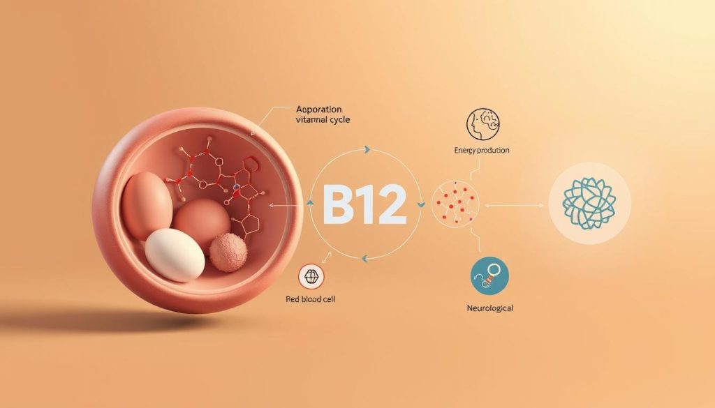A detailed anatomical diagram showcasing the metabolic cycle of vitamin B12, rendered in a clean, minimalist style. The foreground depicts a cross-section of a human cell, highlighting the intricate biochemical pathways involved in B12 absorption, transport, and utilization. The middle ground features a molecular model of the B12 coenzyme, surrounded by simplified iconography representing its essential roles in energy production, red blood cell formation, and neurological function. The background is a muted gradient, placing the focus on the scientific information. Soft, directional lighting accentuates the three-dimensional forms, conveying a sense of depth and technical precision. The overall aesthetic is one of educational clarity, allowing the viewer to easily understand the key benefits and importance of vitamin B12 in human metabolism.