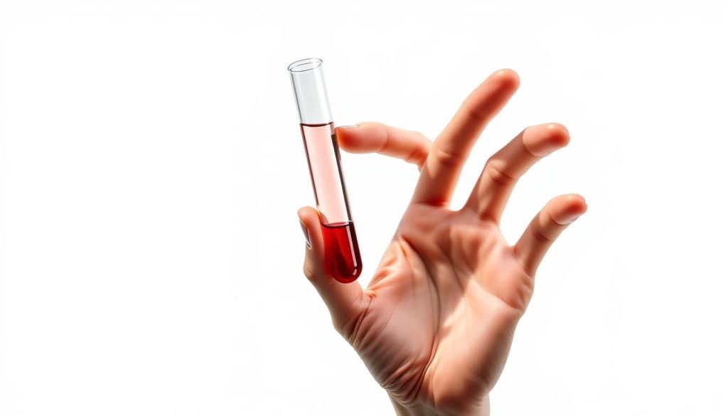 A detailed anatomical illustration of a human hand holding a blood test tube, against a clean white background. The hand is rendered with realism, showcasing the intricate bone structure, veins, and skin texture. The test tube is transparent, revealing a sample of blood with a prominent red hue. The composition is meticulously lit from the side, casting subtle shadows that accentuate the three-dimensional form. The overall tone is clinical and informative, reflecting the medical nature of the subject matter - monitoring calcium levels in the blood. A detailed anatomical illustration of a human hand holding a blood test tube, against a clean white background. The hand is rendered with realism, showcasing the intricate bone structure, veins, and skin texture. The test tube is transparent, revealing a sample of blood with a prominent red hue. The composition is meticulously lit from the side, casting subtle shadows that accentuate the three-dimensional form. The overall tone is clinical and informative, reflecting the medical nature of the subject matter - monitoring calcium levels in the blood.