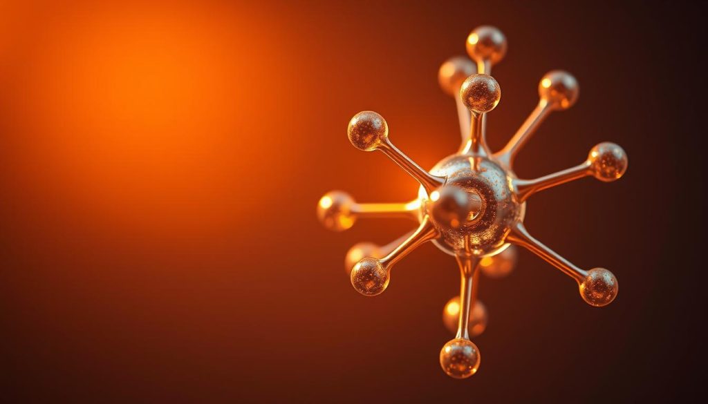 A detailed close-up of a selenium atom or molecule, illuminated by a warm, natural light source. The structure is rendered with precision and clarity, revealing the atomic arrangement and the unique properties of selenium. The background is muted and uncluttered, allowing the subject to take center stage and convey its biological significance. The overall tone is one of scientific curiosity and exploration, reflecting the importance of selenium in human health and metabolism.