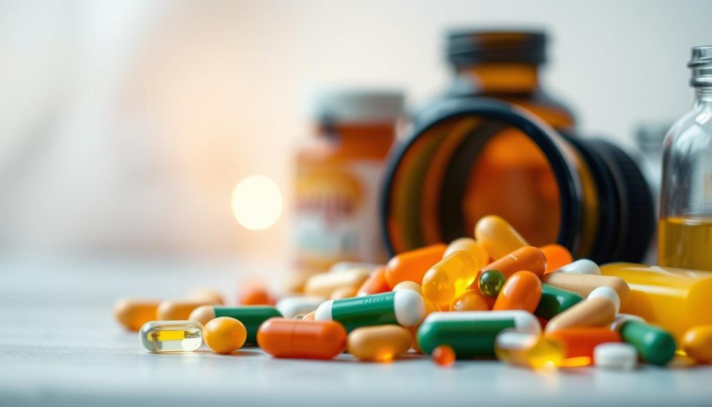 A detailed close-up view of antioxidant protection for the eyes, showcasing a vibrant, colorful arrangement of various vitamin supplements and nutrients against a soft, blurred background. The foreground features an assortment of capsules, tablets, and liquids in shades of orange, yellow, and green, symbolizing the essential vitamins and minerals that support eye health. The middle ground introduces a subtle, glowing light source, creating a warm, inviting atmosphere. The background is gently out of focus, allowing the viewer to focus on the key elements that contribute to maintaining healthy eyes. The overall composition conveys a sense of balance, harmony, and the importance of targeted nutritional support for the eyes.