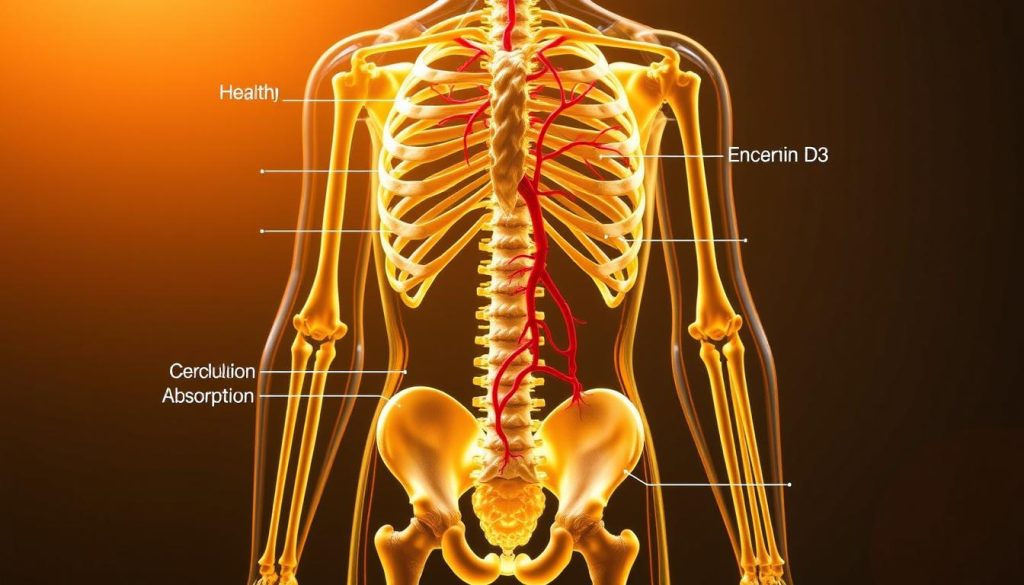 A detailed cross-section of the human body, showcasing the key roles and functions of vitamin D3. The foreground depicts the skeletal system, with bones and joints highlighted to emphasize the importance of D3 for bone health and calcium absorption. The middle ground features the circulatory system, highlighting the role of D3 in regulating blood pressure and reducing inflammation. In the background, the endocrine system is visible, showcasing the influence of D3 on hormone regulation and immune function. The entire scene is bathed in warm, natural lighting, conveying a sense of vitality and well-being. The overall composition is clean, focused, and visually engaging, providing a comprehensive visual representation of the multifaceted role of vitamin D3 in the human body. A detailed cross-section of the human body, showcasing the key roles and functions of vitamin D3. The foreground depicts the skeletal system, with bones and joints highlighted to emphasize the importance of D3 for bone health and calcium absorption. The middle ground features the circulatory system, highlighting the role of D3 in regulating blood pressure and reducing inflammation. In the background, the endocrine system is visible, showcasing the influence of D3 on hormone regulation and immune function. The entire scene is bathed in warm, natural lighting, conveying a sense of vitality and well-being. The overall composition is clean, focused, and visually engaging, providing a comprehensive visual representation of the multifaceted role of vitamin D3 in the human body.