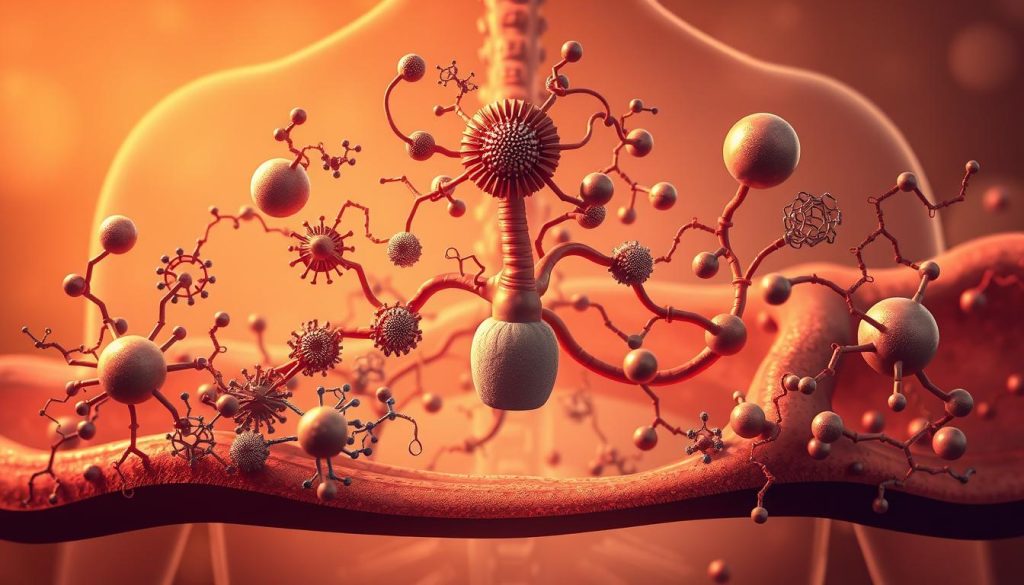 A detailed cross-section of the metabolic processes of iron and copper in the human body. Intricate molecular structures of various proteins, enzymes, and cofactors involved in iron and copper homeostasis are rendered in a stylized, semi-realistic manner. The foreground showcases the key pathways and chemical reactions, with the middle ground displaying the cellular and subcellular components. The background features a subtle, muted color palette representing the broader physiological context. Warm lighting illuminates the scene, creating a sense of depth and emphasizing the complexity of these essential metabolic systems. The overall composition conveys the vital role of copper and iron in maintaining optimal health and well-being.