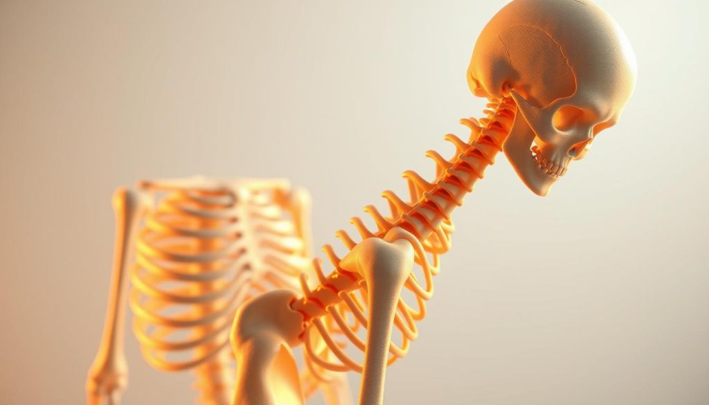 A detailed, high-quality 3D render of healthy human bones with a visible skeletal structure, illuminated by warm, natural lighting and displayed against a clean, minimalist background. The bones should appear strong, dense, and vibrant, showcasing the benefits of vitamin D for bone health. The composition should focus on the foreground skeletal elements, with a slightly blurred, neutral-toned middle and background to emphasize the central subject. The overall mood should be one of clarity, wellness, and scientific illustration.