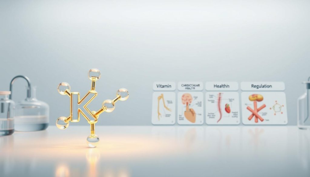 A detailed illustration of the key functions and properties of vitamin K2. A clean, well-lit laboratory setting with scientific glassware and equipment on a sleek, minimalist table. In the foreground, a transparent 3D model of the vitamin K2 molecule, its chemical structure and atomic bonds illuminated in a soft, warm glow. In the middle ground, illustrations of the various biological processes influenced by vitamin K2, such as bone formation, cardiovascular health, and cellular regulation, rendered in a crisp, technical style. The background features a clean, neutral backdrop with subtle patterns or gradients, creating a sense of depth and professionalism. The overall tone is informative, educational, and visually striking, perfectly suited to complement the article's section on the functions and properties of this important nutrient. A detailed illustration of the key functions and properties of vitamin K2. A clean, well-lit laboratory setting with scientific glassware and equipment on a sleek, minimalist table. In the foreground, a transparent 3D model of the vitamin K2 molecule, its chemical structure and atomic bonds illuminated in a soft, warm glow. In the middle ground, illustrations of the various biological processes influenced by vitamin K2, such as bone formation, cardiovascular health, and cellular regulation, rendered in a crisp, technical style. The background features a clean, neutral backdrop with subtle patterns or gradients, creating a sense of depth and professionalism. The overall tone is informative, educational, and visually striking, perfectly suited to complement the article's section on the functions and properties of this important nutrient.