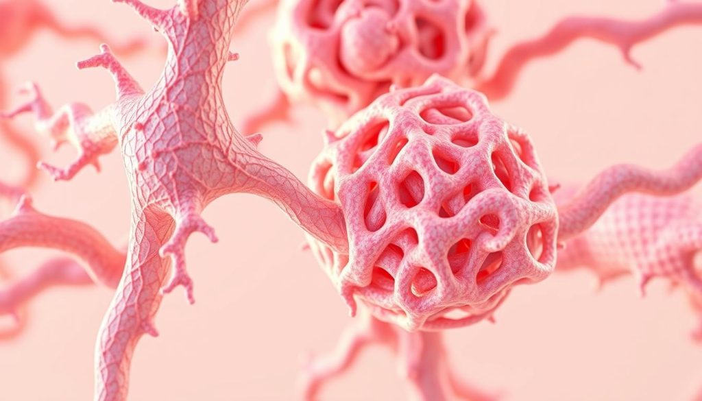 A detailed scientific illustration showcasing the intricate structures and interactions of collagen and elastin, the key proteins responsible for skin health and elasticity. The image features a closeup view, with a clean, minimal background that allows the subject to take center stage. Rendered in a realistic, highly detailed style using advanced 3D modeling and rendering techniques, the illustration highlights the fibrous nature of collagen and the web-like structure of elastin, capturing their synergistic role in maintaining skin's youthful appearance and resilience. Soft, warm lighting enhances the depth and texture of the materials, conveying a sense of scientific accuracy and visual elegance.