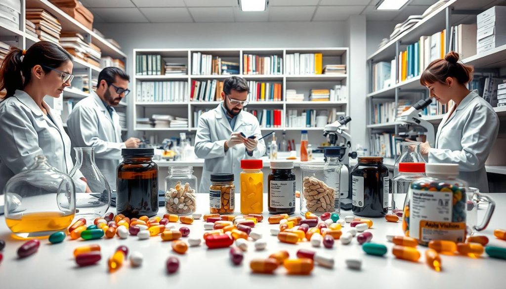 A detailed scientific laboratory scene depicting the study of adult multivitamins. In the foreground, various vitamin supplements and pills are arranged on a clean, white table, with beakers, pipettes, and other lab equipment surrounding them. The middle ground shows scientists in lab coats and goggles carefully examining and analyzing the samples under bright, diffused lighting. In the background, shelves filled with scientific journals, microscopes, and other research materials create a sense of a professional, well-equipped workspace. The overall atmosphere conveys a thoughtful, meticulous approach to understanding the health benefits and effects of adult multivitamin supplementation.