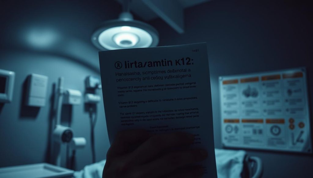 A dimly lit medical examination room, with a mid-shot of a patient's hand holding a medical report. The report's header reads "Витамин Б12: важность, симптомы дефицита и способы восполнения." In the foreground, the patient's face is obscured, showcasing only their concerned expression. The background features medical equipment and a wall chart detailing the various symptoms of vitamin B12 deficiency, such as fatigue, weakness, pale skin, and nerve problems. The lighting is soft and moody, creating an atmosphere of unease and concern. The overall composition emphasizes the seriousness and importance of the medical condition. A dimly lit medical examination room, with a mid-shot of a patient's hand holding a medical report. The report's header reads "Витамин Б12: важность, симптомы дефицита и способы восполнения." In the foreground, the patient's face is obscured, showcasing only their concerned expression. The background features medical equipment and a wall chart detailing the various symptoms of vitamin B12 deficiency, such as fatigue, weakness, pale skin, and nerve problems. The lighting is soft and moody, creating an atmosphere of unease and concern. The overall composition emphasizes the seriousness and importance of the medical condition.