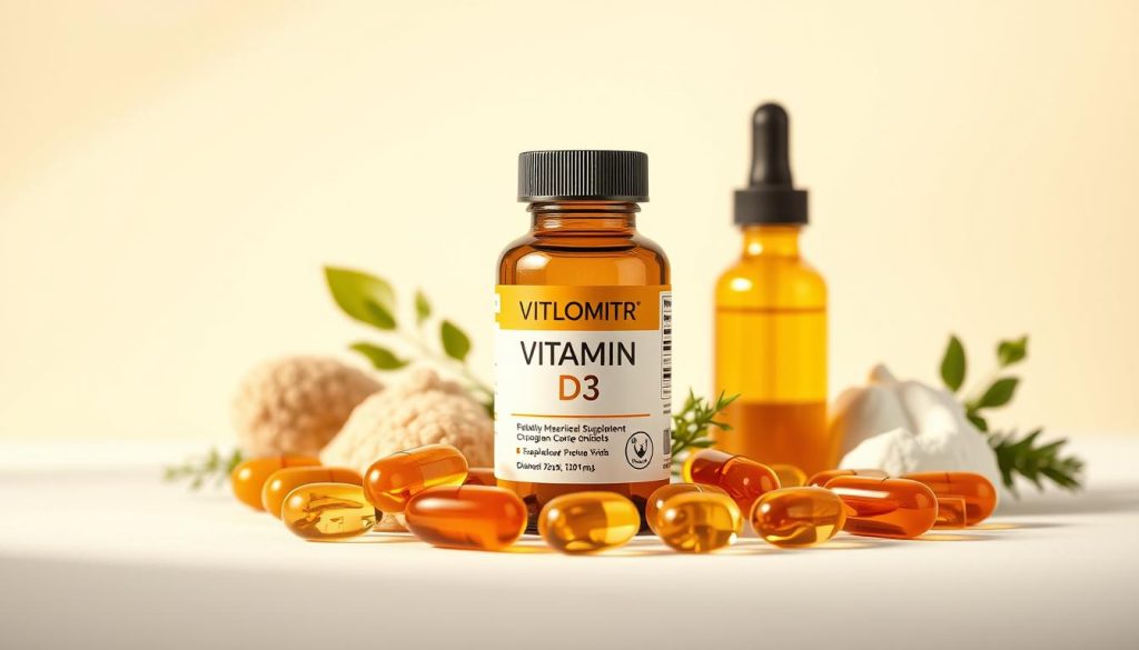 A high-quality, detailed illustration of the ingredients and composition of a vitamin D3 supplement. Prominently display the key components in the foreground, using warm, natural lighting and a clean, minimalist background. Carefully arrange the capsules, softgels, or liquid dropper in an appealing, symmetrical layout. Depict the ingredients in a clinical, scientific manner, with a focus on clearly conveying the essential information about the product's composition. Capture the premium, health-focused nature of the vitamin D3 supplement through the overall aesthetic. A high-quality, detailed illustration of the ingredients and composition of a vitamin D3 supplement. Prominently display the key components in the foreground, using warm, natural lighting and a clean, minimalist background. Carefully arrange the capsules, softgels, or liquid dropper in an appealing, symmetrical layout. Depict the ingredients in a clinical, scientific manner, with a focus on clearly conveying the essential information about the product's composition. Capture the premium, health-focused nature of the vitamin D3 supplement through the overall aesthetic.