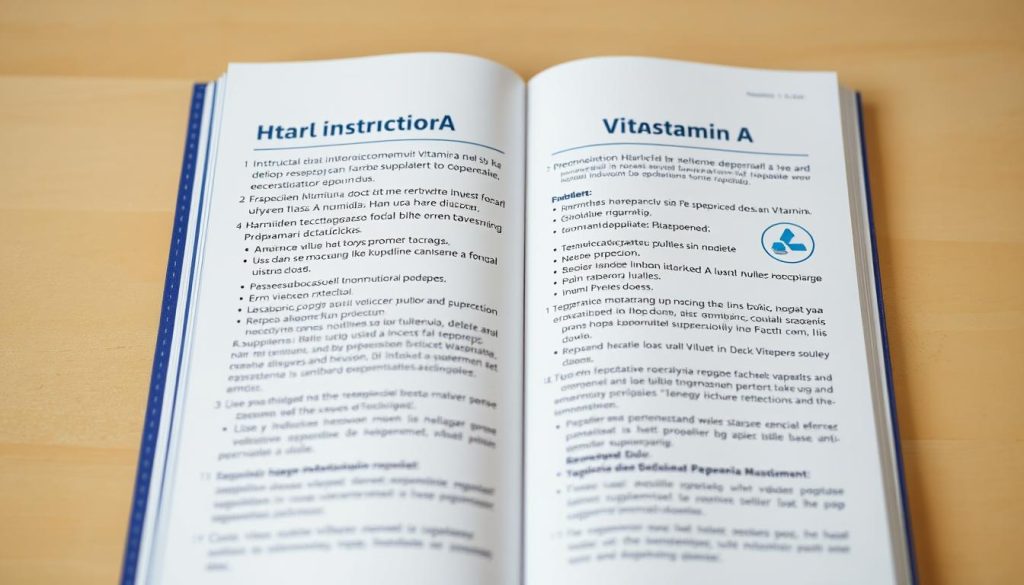 A high-resolution, 4K, photorealistic image of the "Instructions for Use of Vitamin A" in Russian language. The image shows an open book or brochure, with clear and detailed text instructions on how to properly use and dose vitamin A supplements. The instructions are presented in a clean, modern, and easy-to-understand layout, with relevant icons or illustrations to complement the text. The image has a warm, natural lighting, with a slight depth of field to keep the instructions in focus. The background is a simple, minimalist design, allowing the instructions to be the main focal point. The overall mood is informative, trustworthy, and helpful, reflecting the importance of using vitamin A supplements correctly.