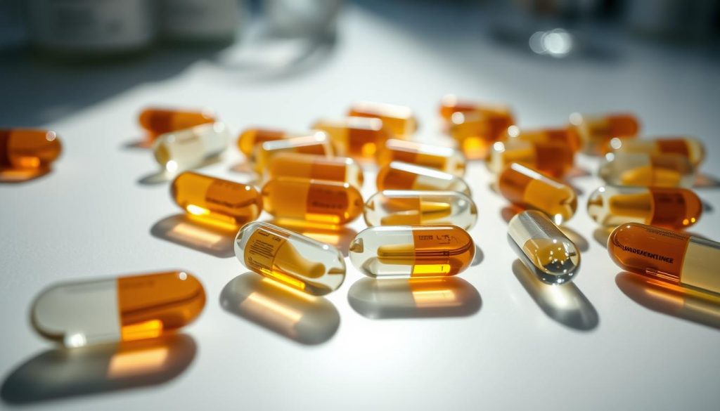 A high-resolution close-up view of an assortment of translucent medical capsules on a clean, white laboratory surface. The capsules are positioned in an organized arrangement, casting subtle shadows. Soft, even lighting illuminates the scene, highlighting the capsules' textures and colors. The background is blurred, placing the focus solely on the pharmaceutical samples. The overall mood is one of scientific inquiry and precision, inviting the viewer to examine the detailed composition of the capsules. A high-resolution close-up view of an assortment of translucent medical capsules on a clean, white laboratory surface. The capsules are positioned in an organized arrangement, casting subtle shadows. Soft, even lighting illuminates the scene, highlighting the capsules' textures and colors. The background is blurred, placing the focus solely on the pharmaceutical samples. The overall mood is one of scientific inquiry and precision, inviting the viewer to examine the detailed composition of the capsules.