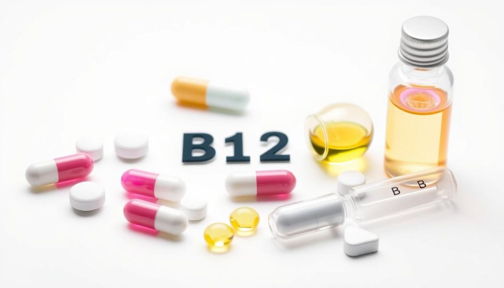 A high-resolution image of a vitamin B12 supplement in various forms of presentation, including tablets, capsules, and liquid ampoules, arranged in a still-life composition on a plain white background. The lighting is soft and diffused, highlighting the textures and colors of the different preparations. The image conveys a sense of clarity, purity, and attention to detail, suitable for illustrating the section on the characteristics of vitamin B12 supplements.