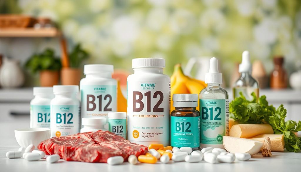 A high-resolution photograph of various vitamin B12 supplements and food sources against a bright, natural background. The foreground features a selection of B12-rich foods like beef, eggs, and dairy products, arranged in an appealing composition. The middle ground showcases different B12 supplements such as tablets, capsules, and sublingual drops, with clean, modern packaging. The background is blurred, but suggests a kitchen or dining table setting, conveying a sense of health and wellness. The lighting is soft and diffused, highlighting the vibrant colors and textures of the elements. The overall mood is informative, approachable, and visually engaging. A high-resolution photograph of various vitamin B12 supplements and food sources against a bright, natural background. The foreground features a selection of B12-rich foods like beef, eggs, and dairy products, arranged in an appealing composition. The middle ground showcases different B12 supplements such as tablets, capsules, and sublingual drops, with clean, modern packaging. The background is blurred, but suggests a kitchen or dining table setting, conveying a sense of health and wellness. The lighting is soft and diffused, highlighting the vibrant colors and textures of the elements. The overall mood is informative, approachable, and visually engaging.