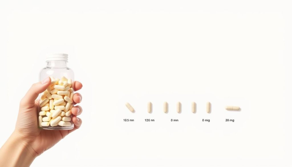 A minimalist yet informative illustration of vitamin D supplementation recommendations. In the foreground, a hand holds a glass bottle of vitamin D capsules against a simple white background. The middle ground features a series of neatly arranged vitamin D pills in various stages of consumption, each representing a recommended daily dosage. The background subtly fades to a soft, warm gradient, creating a sense of balance and focus on the core subject matter. Crisp, evenly distributed lighting highlights the textures and details of the supplements, conveying a clean, clinical, and trustworthy aesthetic. The overall composition aims to visually communicate the essential information about proper vitamin D intake in a clear, uncluttered manner. A minimalist yet informative illustration of vitamin D supplementation recommendations. In the foreground, a hand holds a glass bottle of vitamin D capsules against a simple white background. The middle ground features a series of neatly arranged vitamin D pills in various stages of consumption, each representing a recommended daily dosage. The background subtly fades to a soft, warm gradient, creating a sense of balance and focus on the core subject matter. Crisp, evenly distributed lighting highlights the textures and details of the supplements, conveying a clean, clinical, and trustworthy aesthetic. The overall composition aims to visually communicate the essential information about proper vitamin D intake in a clear, uncluttered manner.