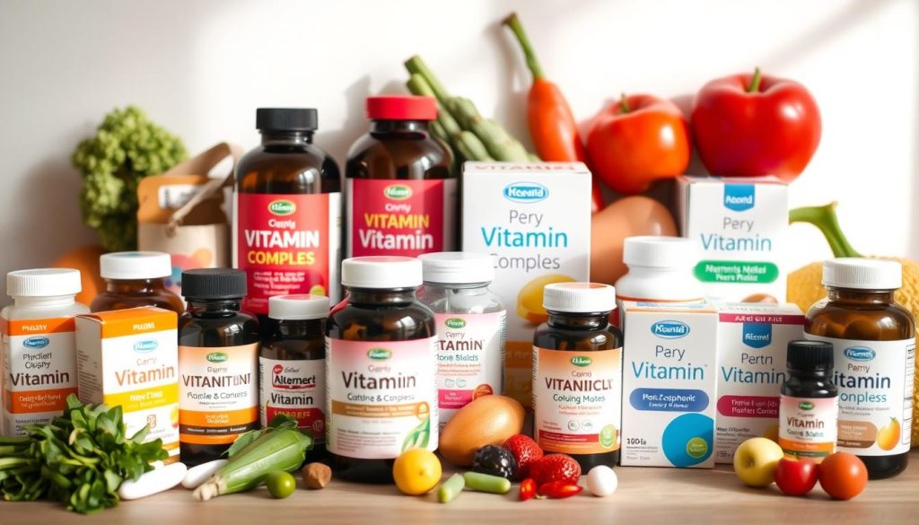 A neatly arranged assortment of various vitamin supplements in soft, natural lighting. In the foreground, a selection of bottles and boxes showcasing different vitamin complexes designed for nursing mothers, arranged in a visually appealing layout. The middle ground features a few fresh, organic fruits and vegetables, symbolizing the importance of a balanced diet. The background is a clean, minimalist space, allowing the vitamins and produce to take center stage. The overall composition conveys a sense of informed choice, health-consciousness, and an emphasis on the needs of nursing mothers. A neatly arranged assortment of various vitamin supplements in soft, natural lighting. In the foreground, a selection of bottles and boxes showcasing different vitamin complexes designed for nursing mothers, arranged in a visually appealing layout. The middle ground features a few fresh, organic fruits and vegetables, symbolizing the importance of a balanced diet. The background is a clean, minimalist space, allowing the vitamins and produce to take center stage. The overall composition conveys a sense of informed choice, health-consciousness, and an emphasis on the needs of nursing mothers.