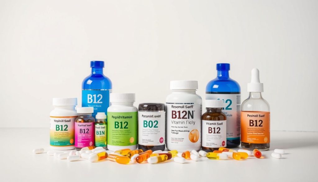 A neatly arranged display of various vitamin B12 supplements, including capsules, tablets, and liquid formulas, set against a clean, minimalist background. The lighting is soft and diffused, highlighting the vibrant colors and clean packaging designs. The composition emphasizes the products' purity and efficacy, conveying a sense of health, wellness, and scientific precision. The overall mood is one of professionalism, reliability, and a commitment to providing high-quality nutritional solutions. A neatly arranged display of various vitamin B12 supplements, including capsules, tablets, and liquid formulas, set against a clean, minimalist background. The lighting is soft and diffused, highlighting the vibrant colors and clean packaging designs. The composition emphasizes the products' purity and efficacy, conveying a sense of health, wellness, and scientific precision. The overall mood is one of professionalism, reliability, and a commitment to providing high-quality nutritional solutions.