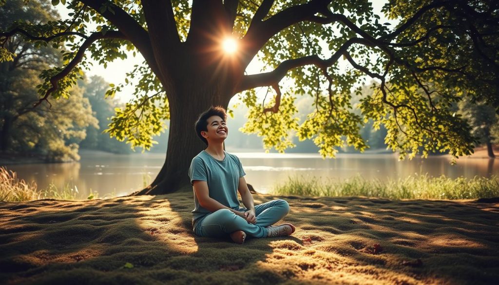 A peaceful nature scene with a person resting under a large, lush tree. The warm sun filters through the leaves, casting a gentle glow on the person as they sit cross-legged on a soft, mossy ground. In the background, a tranquil lake reflects the surrounding forest, creating a serene, calming atmosphere. The person's expression is one of contentment and rejuvenation, capturing the essence of restoring one's energy and well-being through active time in nature. A peaceful nature scene with a person resting under a large, lush tree. The warm sun filters through the leaves, casting a gentle glow on the person as they sit cross-legged on a soft, mossy ground. In the background, a tranquil lake reflects the surrounding forest, creating a serene, calming atmosphere. The person's expression is one of contentment and rejuvenation, capturing the essence of restoring one's energy and well-being through active time in nature.