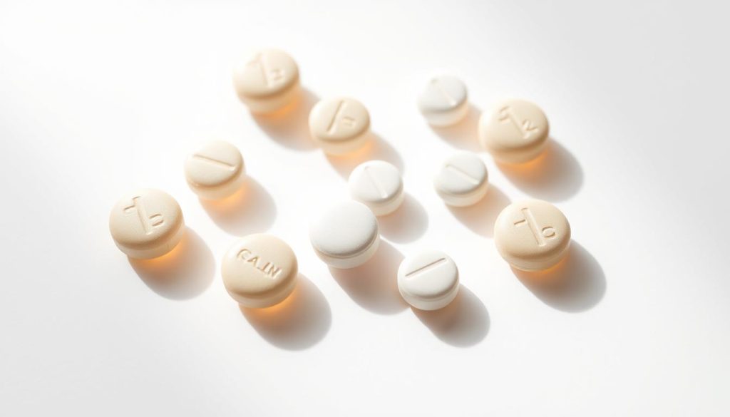 A photo of calcium D3 chewable tablets, shot in a natural light setting. The tablets are laid out on a white background, with a slight shadow underneath to create depth. The focus is sharp, bringing out the details of the tablets' shapes, colors, and textures. The lighting is soft and diffused, creating a clean, clinical atmosphere. The overall composition is simple and minimalist, emphasizing the product's key features. The tablets are arranged in a visually pleasing, symmetrical pattern to showcase their characteristics and highlight their role as the main subject of the image.