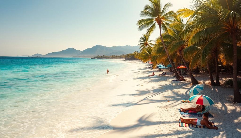 A picturesque beach scene with crystal-clear turquoise waters lapping at the pristine white sand. Lush palm trees sway gently in the warm ocean breeze, casting soft shadows across the inviting shore. In the background, distant mountains rise majestically, their peaks capped with snow. The sun shines brightly, illuminating the scene with a golden glow, creating a serene and tranquil atmosphere. Beachgoers lounge on colorful towels, soaking up the warmth and relaxing to the sound of the gentle waves. Vibrant umbrellas dot the landscape, providing shade and a touch of playfulness. This idyllic summer paradise offers the perfect setting for a rejuvenating and restorative getaway.