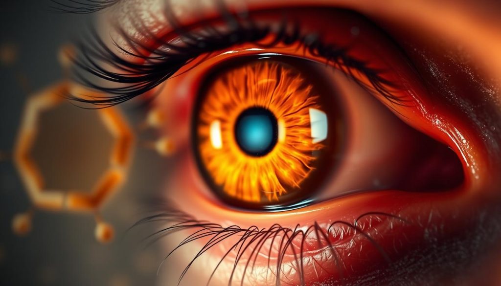 A richly detailed close-up view of a human eye, with the pupil and iris in sharp focus. The eye is illuminated by a warm, natural light that highlights the intricate structure of the eye, including the delicate veins and capillaries. In the background, an ethereal, blurred image of a vitamin A supplement or molecule is visible, subtly emphasizing the connection between vitamin A and vision health. The overall mood is one of scientific curiosity and reverence for the complexity of the human body.
